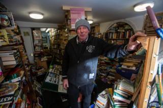 Gordon Draper in his shop The Other Book Shop on Fore Bondgate, Bishop Auckland