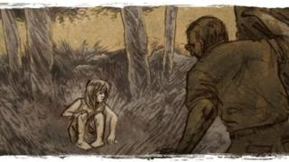 Ilustración de la niña en medio de vegetación densa junto al fotógrafo
