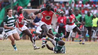 Le Kenyan Humphrey Khayange, lors d'un match de qualification pour la Coupe du monde de rugby contre le Zimbabwe, le 6 juillet 2014.