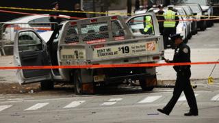 The crashed vehicle used in what is being described as a terrorist attack sits in lower Manhattan the morning after the event on November 1, 2017 in New York City.