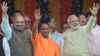 अमित शाह, योगी आदित्यनाथ आणि नरेंद्र मोदी
