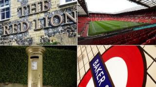 Red Lion sign, Old Trafford, gold postbox and a tube sign