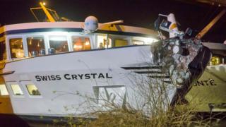 The Swiss passenger ship Swiss Crystal was damaged after it hit a motorway bridge on the Rhine river in Germany, 26 December 2017