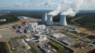 An aerial view of the Leningrad Nuclear Power Plant in the town of Sosnovy Bor on the southern shore of the Gulf of Finland