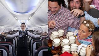 Una azafata da las instrucciones de seguridad antes del vuelo y una mesera alemana lleva nueve vasos de cerveza en sus manos en medio de una multitud.