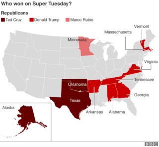 Карта, показывающая разбивку результатов демократов в Супер вторник