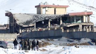 A collapsed building at a military base following a car bomb attack in Wardak province, 21 January 2019