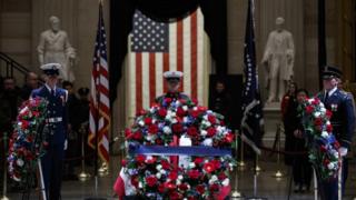 Members of the public pay their respects to former US President George H.W. Bush at the Rotunda of the US Capitol in Washington, DC, USA, 04 December 2018