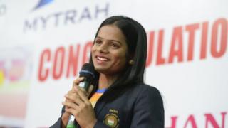 Indian sprinter Dutee Chand speaks during a press conference in Hyderabad