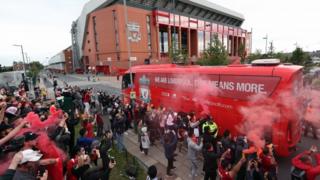 Liverpool team bus arrives at Anfield