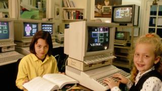 Girls using new computers in 1990
