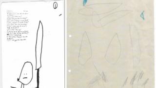The child's drawings, and notes by staff above.