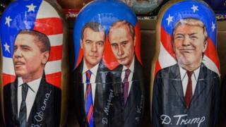 матрешки с Обамой, Медведевым, Путиным и Трампом