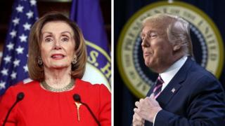 Spika wa bunge la uwakilishi nchini Marekani nancy Pelosi na rais Donald Trump Kulia