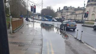 A puddle on a cycle lane on North Road in Cardiff