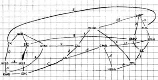 Larry Roberts' hand-drawn 1969 diagram of the potential Arpanet