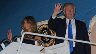Donald Trump (right) and Melania Trump wave after arriving in Sicily, Italy. Photo: 25 May 2017