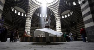 Dervish dancers performs during an event titled "the Festival of the Syrian Bread held at Khan Asaad Basha in the old city of Damascus, Syria, on 1 April 2019.