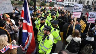 Londra'daki Yüksek Mahkeme binasının önünde aynı anda gösteri yapan AB ve Brexit yanlıları arasında polis barikat oluşturdu.