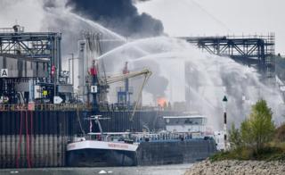Firefighters try to extinguish fire at the factory of chemicals giant BASF in Ludwigshafen, Germany