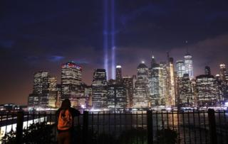 The Tribute in Light memorial lit up lower Manhattan near One World Trade Center