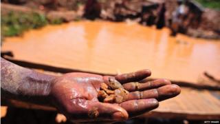 A gold miner displays some stones that will later on will be crushed to extract gold,