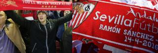 A Liverpool supporter (left) and a Seville scarf (right)