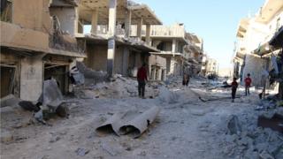 Bomb damage in rebel-held east Aleppo, 1 October