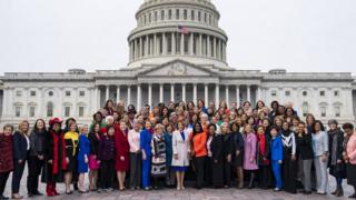 Democratic Speaker of the House Nancy Pelosi (C) poses for a photograph with Democratic women on 4 January 2019