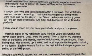 Letter says thanks for the VHS that looked new and unused. The 86-year-old explains how he watched tapes from his retirement party 25 years ago, saying "Jeez we were young"
