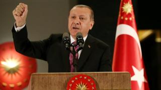 Президент Турции Реджеп Тайип Эрдоган выступает перед сторонниками в Анкаре, 20 июня 17