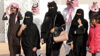 Saudi women in abayas and niqabs