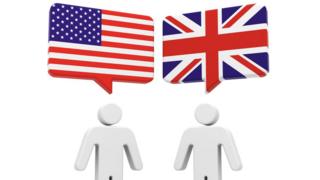 Graphic showing two men - one speaking American English and one speaking British English