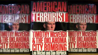 Copies of American Terrorist on book shelf