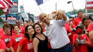 Cory Booker taking a selfie at the Polk County Steak Fry