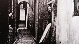 Black and white photo of medieval Row in Great Yarmouth