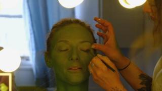 Actress Willemijn Verkaik is made up as Elphaba