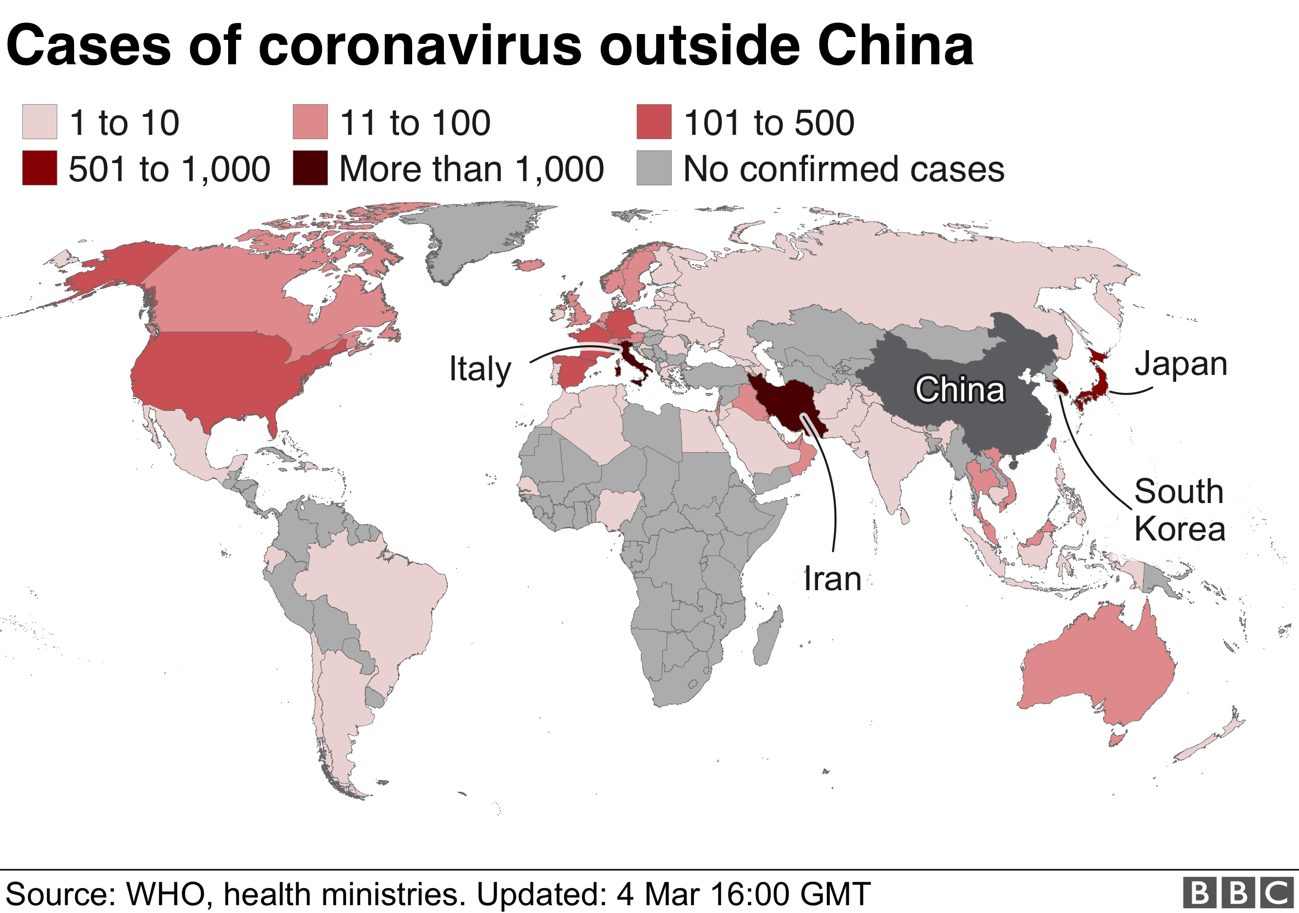 Global map of virus spread 4 March