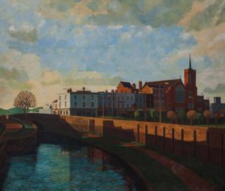 A painting of a park with a river, a bridge and a church in East London by Doreen Fletcher