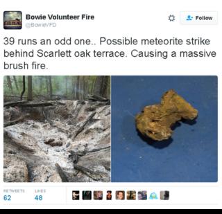 Tweet with pictures of crater and rock (size of rock is unclear). Tweet reads: 39 runs an odd one. Possible meteorite strike behind Scarlett oak terrace. Causing a massive brush fire.