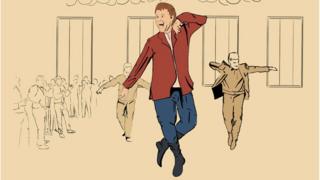 Рисунок. Трое танцующих мужчин, на фоне зрителей.