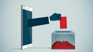 Ilustração mostra braço saindo de celular e depositando cédula em urna