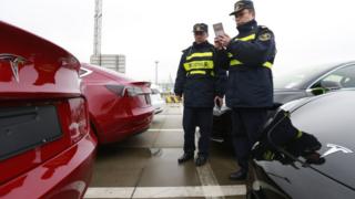 China custom officers examine Tesla Model 3 cars