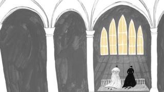Ilustração com duas mulheres ajoelhadas