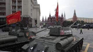 Vintage T-34 tanks rehearsing in Moscow, 20 Jun 20