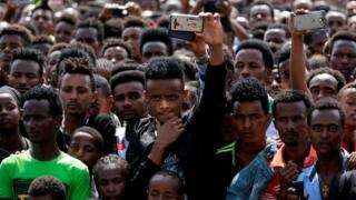 People gather for the rally of Ethiopia's new Prime Minister in Ambo, about 120km west of Addis Ababa, Ethiopia, on April 11, 2018