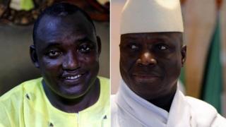 Yaxya Jammeh, midig, waxaa doorashada kaga guuleystay, Adama Barrow, bidix