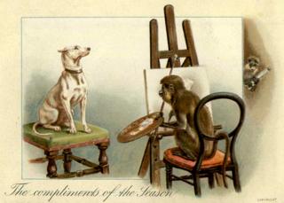 Victorian Christmas card with a monkey painting a dog