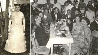 A picture of a woman in wedding-cake fancy dress and a party night