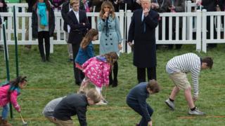 Donald Trump and Melania Trump during the White House Easter Egg Roll in 2018.